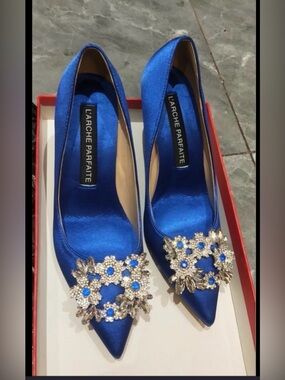 L'Arche Parfaite Royal Blue Satin Pointed Toe Heels with Crystal Floral Buckle